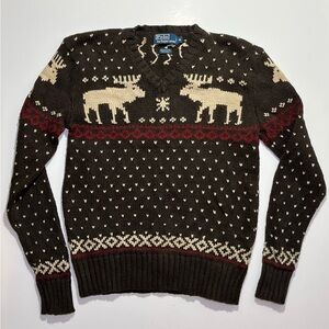 Vintage 90’s Polo Ralph Lauren V Neck Moose Fair Isle Knit Sweater, Medium